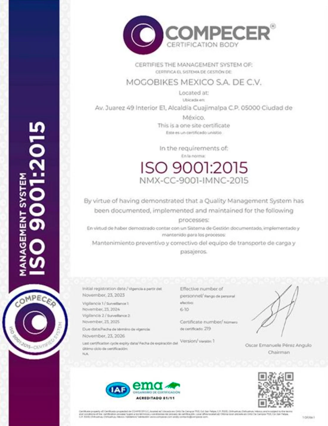 Certificacion ISO 9001 de Chilango Garage